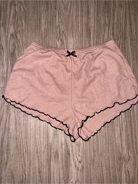 Soft Pink Waffle Knit Lounge Shorts with Black Trim